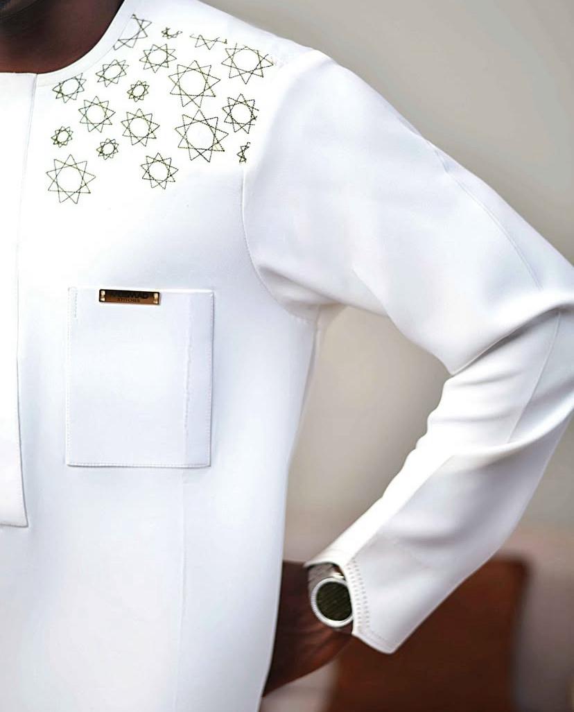 Men's White Star-Embroidered Kaftan/Tunic