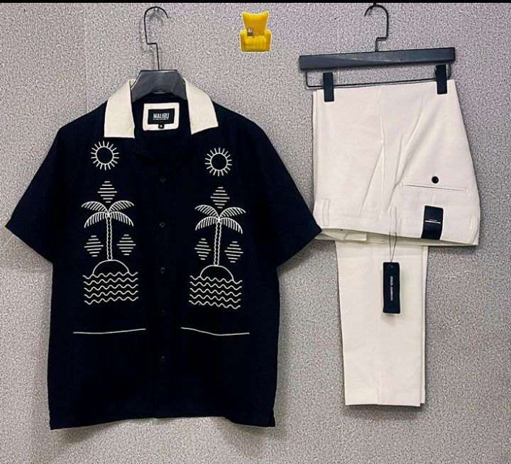Men's Black Hawaiian Shirt and White Trousers Set