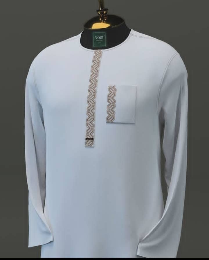 Men's White Kaftan with Embroidered Trim
