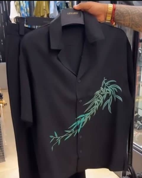 Men's Black Short-Sleeved Shirt with Green Foliage Print