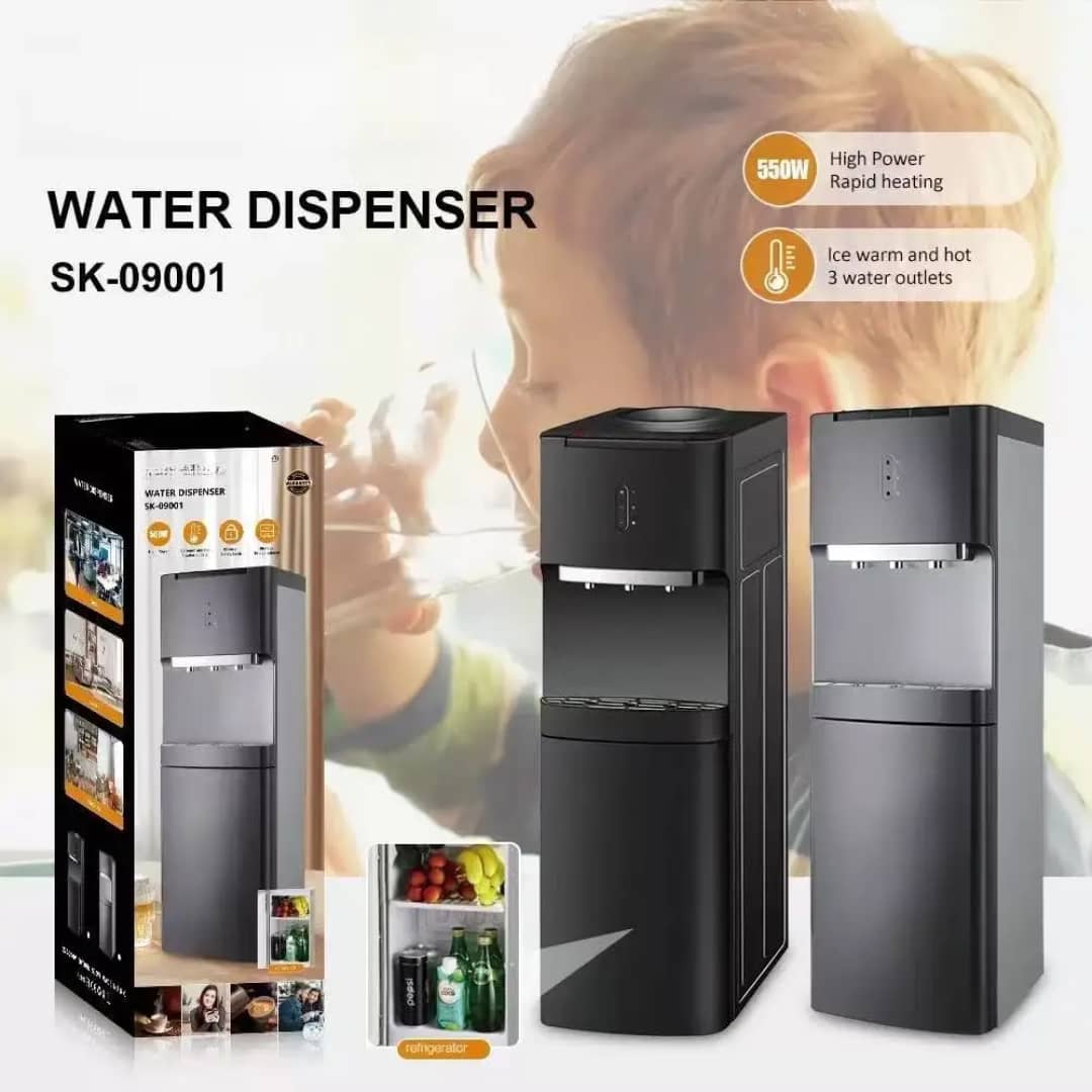 Sokany 3 outlet water dispenser with small refrigerator storage cabinet  Dispenses Ice,warm and hot water.